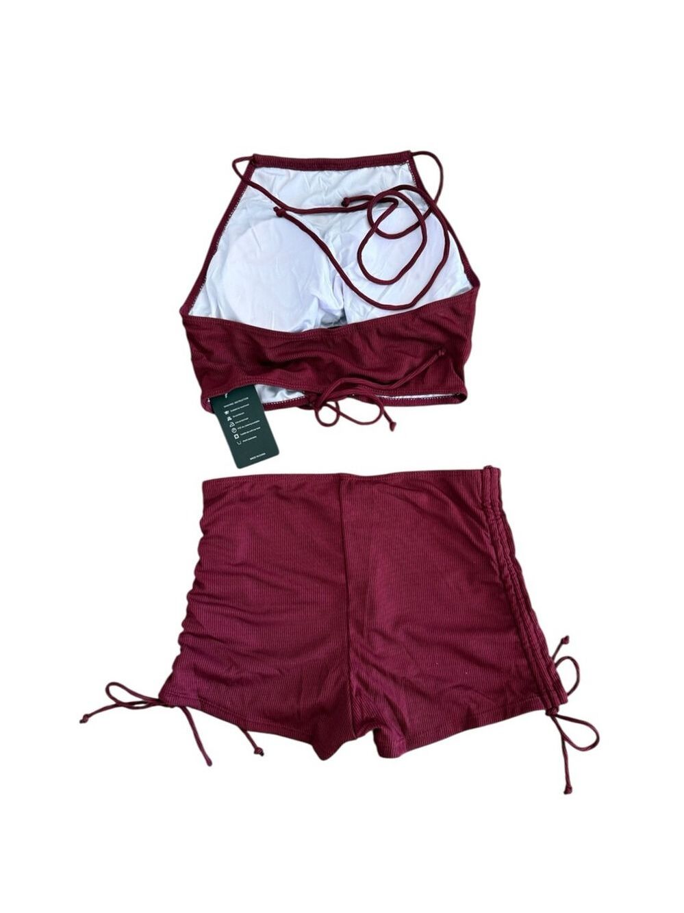 Sucrefas Ribbed Burgundy Cutout Halter Swim Set Shorts NWT Size S - Picture 3 of 5